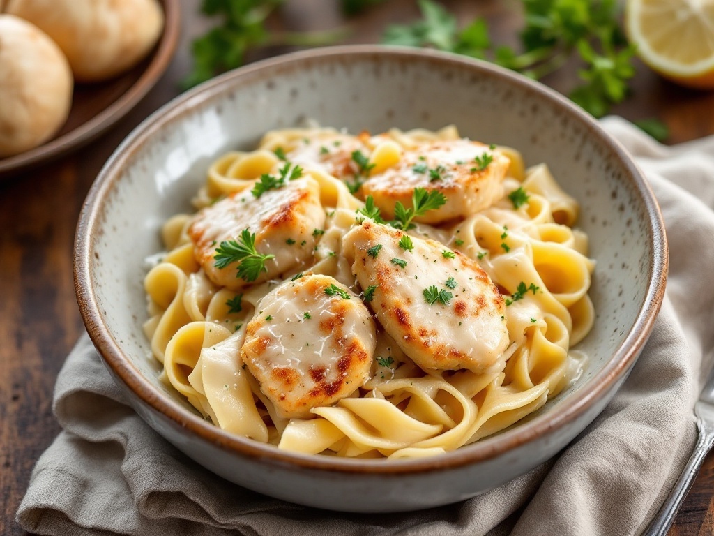 Creamy Garlic Parmesan Chicken in the Crockpot Creamy garlic parmesan chicken served over pasta, garnished with parsley, on a rustic table.